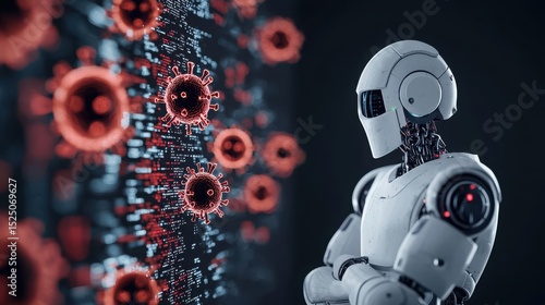 Risk of Dangerous Malware Attack Concept. Futuristic Robot Analyzing Digital Data with Virus Graphics in a High-Tech Environment