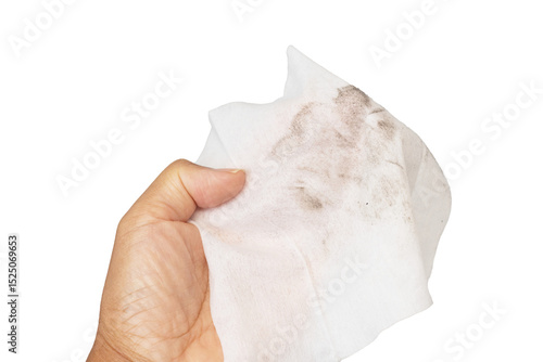 Hand Holding a Dirty Wet Wipe After Cleaning