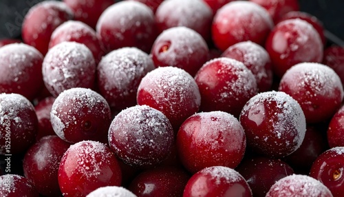 Fresh frozen cranberries covered in frost close up macro detail