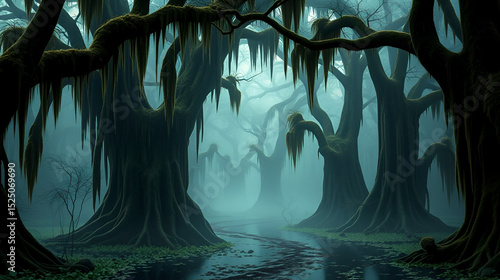 Enchanting swampland enclave with a mysterious archway shrouded in mist and surrounded by moss covered cypress trees creating an eerie dark and captivating atmosphere  This haunting