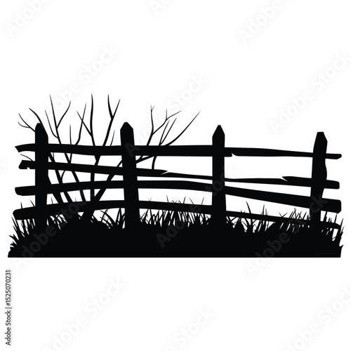 Rustic Wooden Fence Silhouette with Overgrown Grass