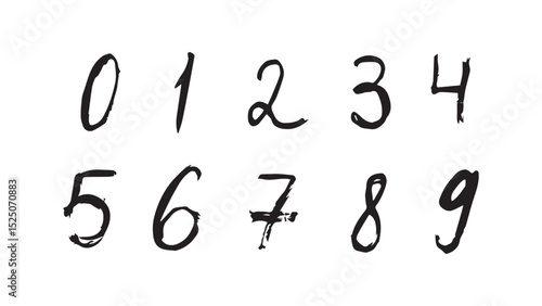 Grunge numbers set, vector distressed numbers handwritten in ink, numbers for birthday greetings, mathematical symbol, collection of grunge ten numbers on white background, numbers for calculation