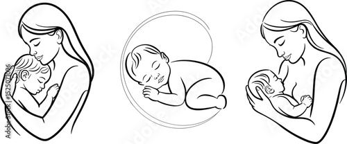 Mother and baby line vector illustration, mom holding child, sleeping newborn, parenting love, breastfeeding, black outline drawing for design