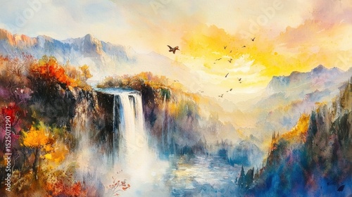 A vibrant watercolor landscape showing a waterfall, autumn trees, mountains, and birds flying at sunrise.