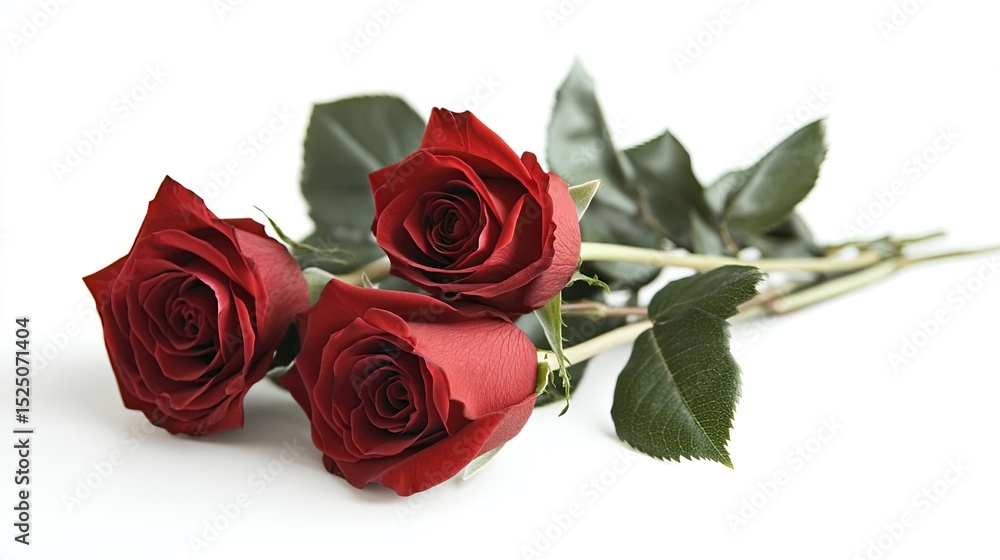 Naklejka premium Beautiful Red Roses on White Background with Green Leaves Arrangement