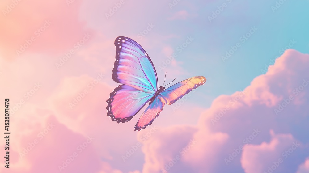Fototapeta premium A colorful butterfly with iridescent wings, flying gracefully against the pastel clouds and sky. 7