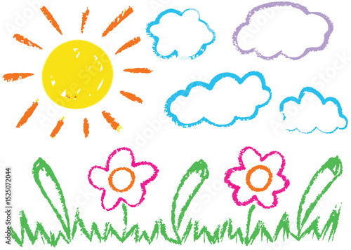 A cheerful spring illustration of a set of Easter eggs and flowers under a sunny sky