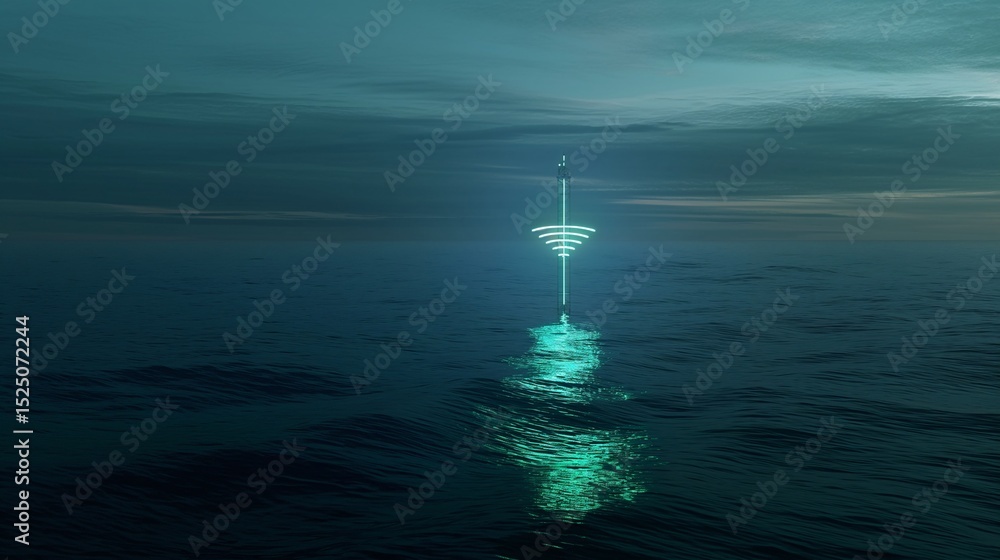 Fototapeta premium Glowing Structure Emerges from Ocean, Radiating Light into the Dark Sea