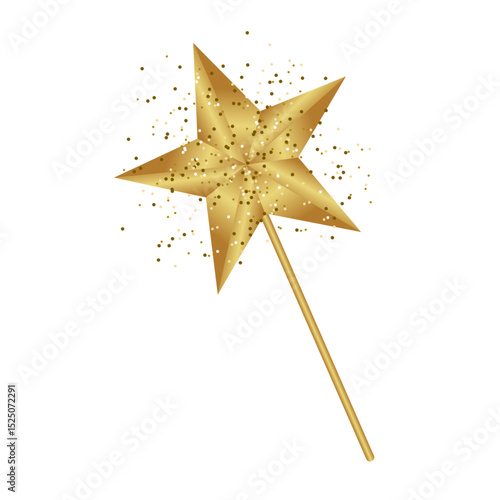 Golden star magic wand with sparkles on white background. Perfect for party decor, birthday themes, celebration invites, or festive vector designs.