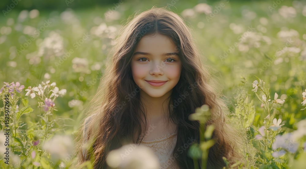 Naklejka premium Girl in a Meadow: A portrait of a young girl surrounded by a vibrant array of wildflowers in a sun-drenched meadow, exuding a sense of natural beauty and the tranquility of nature.