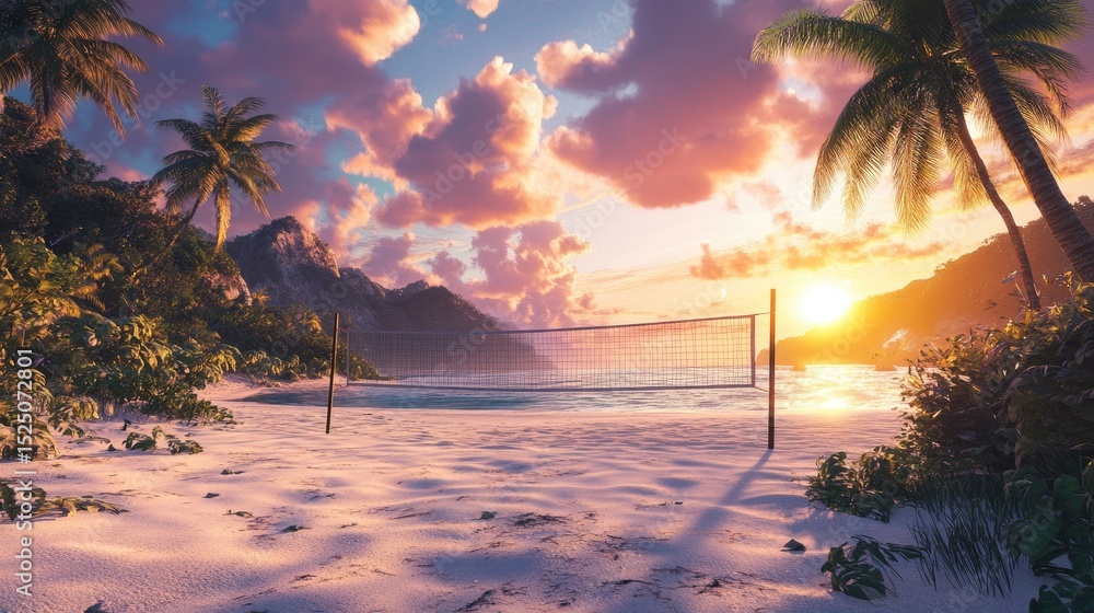 Fototapeta premium Serene Sunset Beach with Volleyball Net and Tropical Landscape