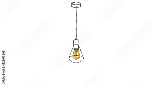 Minimalist Hanging Light Bulb Icon – Simple Line Art of Vintage Ceiling Lamp on White Background. copy space
