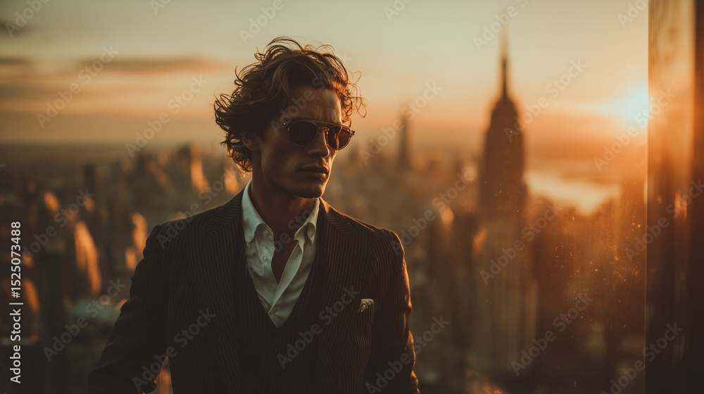 Young Businessman Contemplating City Skyline at Sunset Young Businessman Contemplating City Skyline at Sunset