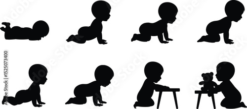 Vector illustration of baby crawling and playing, infant development stages, silhouette child learning, movement growth poses, black toddler design element