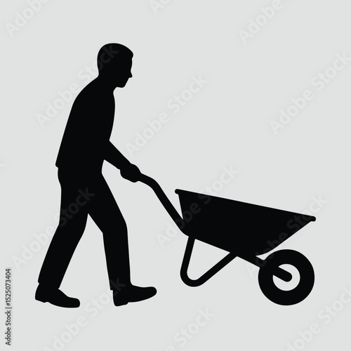 Silhouette construction worker pushing wheelbarrow isolated Illustration Vector