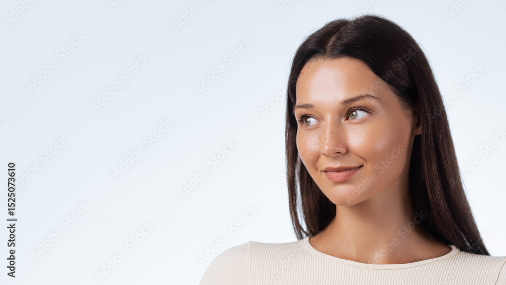 Beautiful Woman Looking Sideways With Clear Skin In Cream Wellness Outfit Beautiful Woman Looking Sideways With Clear Skin In Cream Wellness Outfit