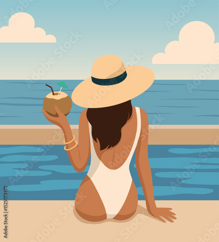 Vector illustration of a girl on vacation, in a swimsuit and hat by the pool with a coconut. Summer vacation, style, relaxation and vacation atmosphere. Ideal for travel and lifestyle content