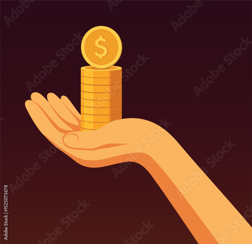 Vector illustration of hand holding stack of gold coins. Symbol of income, profit, earnings, financial support, investment and economic success. Bright flat design