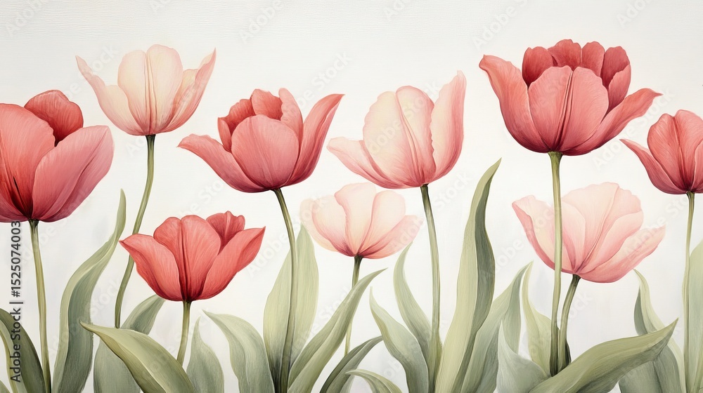 Delicate Pink and Red Tulips with Green Leaves in Soft Background Delicate Pink and Red Tulips with Green Leaves in Soft Background