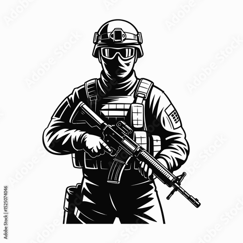 Wallpaper Mural Armed Soldier in Tactical Gear Black and White Illustration Torontodigital.ca