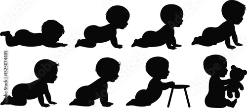 Vector illustration of baby silhouette crawling, sitting, playing with toy, infant development stages, child movement actions, black toddler clipart set