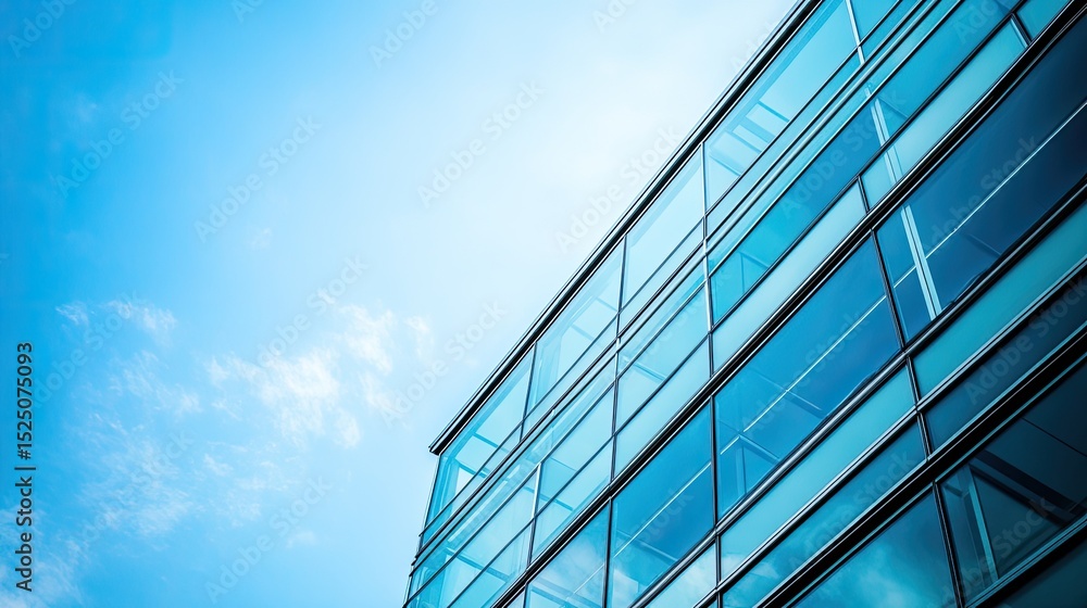 Modern Glass Building with Clear Blue Sky and Reflections Modern Glass Building with Clear Blue Sky and Reflections