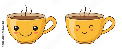 Two yellow cartoon coffee cups with smiling faces and steam, ideal for beverage and happy-themed designs.