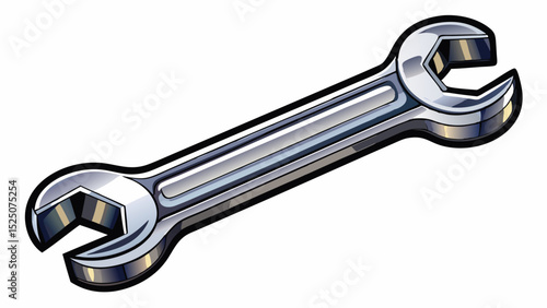 Close-up of a double-ended box wrench in polished chrome. Smooth curves reflect light subtly. Perfectly aligned on a white background, ideal for mechanical or garage-themed vectors.