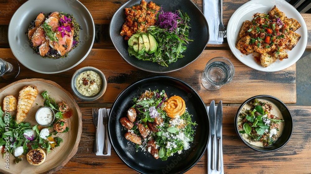 Exquisite Variety of Dishes Served on Rustic Wooden Table Exquisite Variety of Dishes Served on Rustic Wooden Table