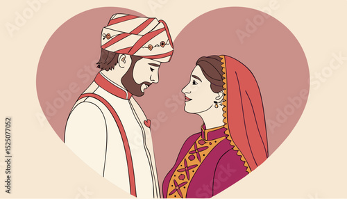 Pakistani wedding couple outline illustration with heart shape isolated                    