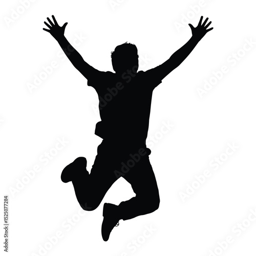 Silhouette of a man jumping with joy and arms raised in the air