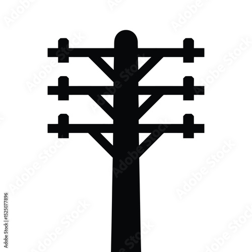 Silhouette of a Power Pole with Three Crossbars on a White Background