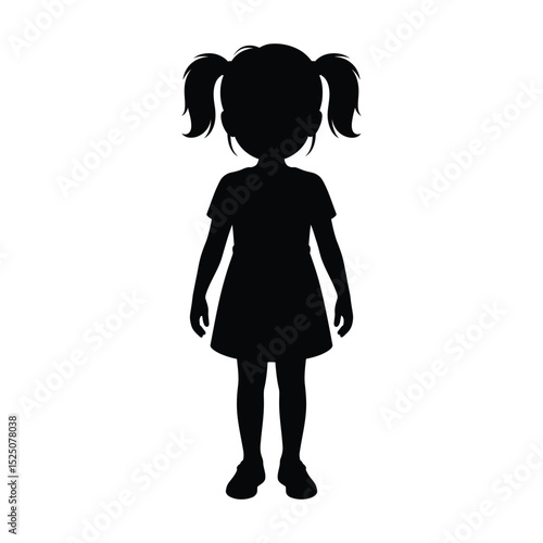 Silhouette of a young girl with pigtails standing isolated on white