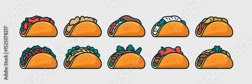 Vibrant red and orange taco icon with meat, beans, and vegetables – Suitable for Mexican food promotions, app icons, or recipe cards