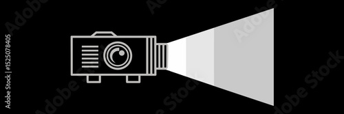Projector icon with bright light beaming onto screen on black background