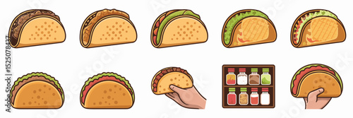 Vector taco icon set with various fillings and spice rack – Perfect for recipe websites, cooking blogs, or culinary design