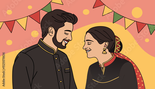 Indian Couple Portrait for Save the date, invitation, wedding, engagement, qawwali night. Black traditional eastern dress, celebration day    
