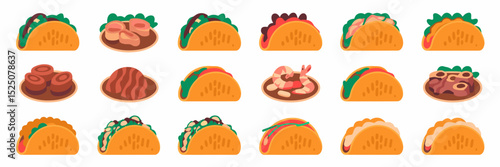 Vector taco icons with steak, chicken, shrimp, and beans – Great for food delivery, restaurant menus, or taco lovers content