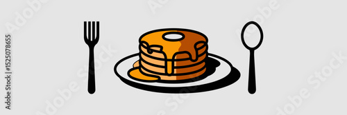 Stack of pancakes with syrup drip, plate, and fork on white background