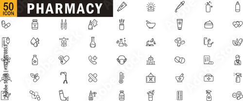 Pharmacy editable outline icon set. Pills, medicine, prescription, capsule, pharmacist, treatment and more

