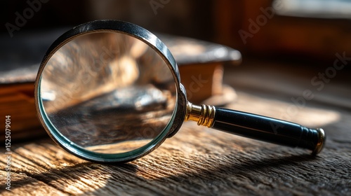 Front view of magnifying glass on table, bright natural light. 2