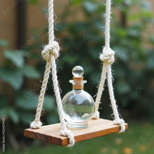 A glass bottle balanced on a small rope swing, softly lit, shallow depth of field, natural background.