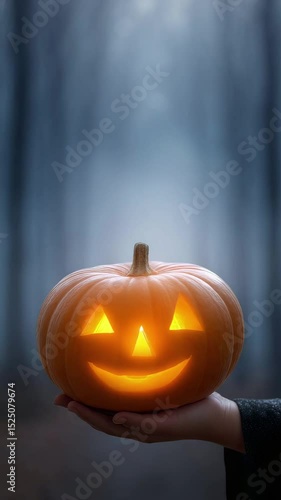 Jack-o'-lantern: Glowing pumpkin held aloft, a symbol of the spooky holiday with its carved face illuminated and held against a blurred, eerie backdrop.