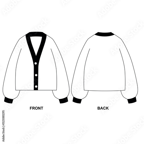 Vector template of voluminous three button cardigan, front and back view. Sketch of basic cardigan with V shaped neckline on chest.