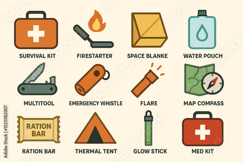 Emergency survival kit essentials icons including med kit, firestarter, space blanket, water pouch