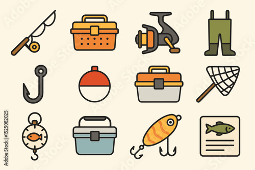 Fishing gear icons: rods, hooks, lures, tackle boxes, bait containers, nets