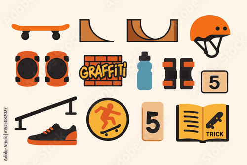 Skateboard gear and ramp icons with graffiti and safety equipment