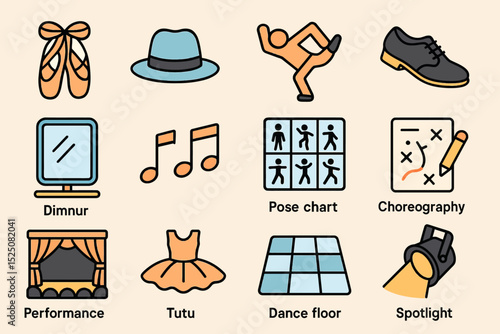 Dance icons: ballet shoes, fedora, hip hop, tap shoe, mirrors, notes, pose chart, choreography, theater, tutu, dance floor, spotlight