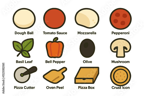 Pizza ingredients and tools icons - dough, tomato, mozzarella, pepperoni, basil, cutter