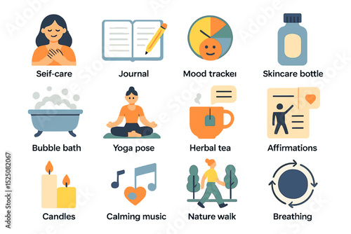 Self-care icons featuring journal, yoga, herbal tea, skincare, and more for wellness